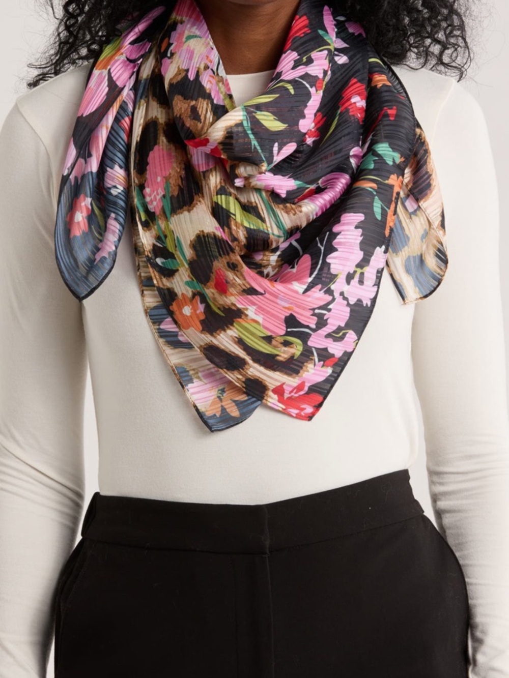 BCBG NWT Ditsy Floral and Leopard-Print Square Scarf Black, Pink, Green, yellow